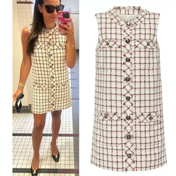 NEW Veronica Beard Laurel Tweed Check Shift Dress Red White Women Size 10